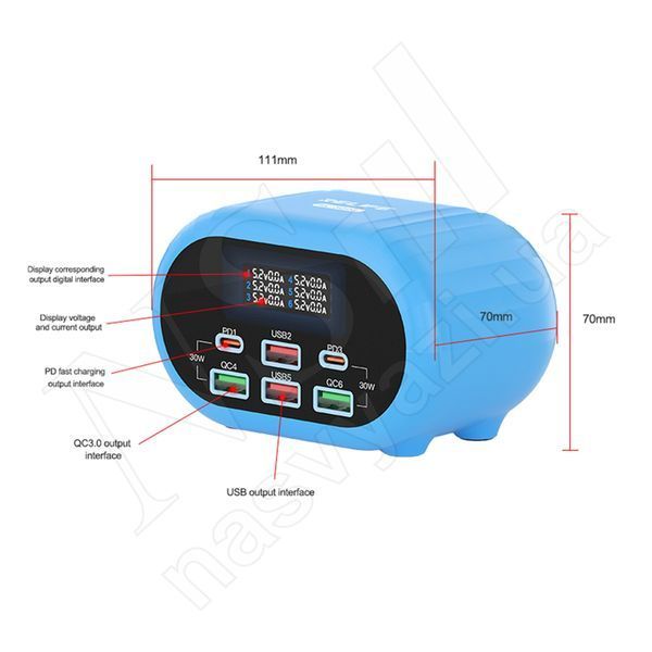 Зарядний пристрій RELIFE RL-309U Smart 4xUSB+2 Type C 72W з цифровою індикацією параметрів заряджання 00-00123251 фото